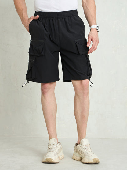 Men Black Utility Pocket Parachute Shorts