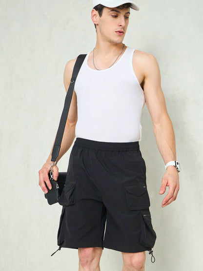 Men Black Utility Pocket Parachute Shorts