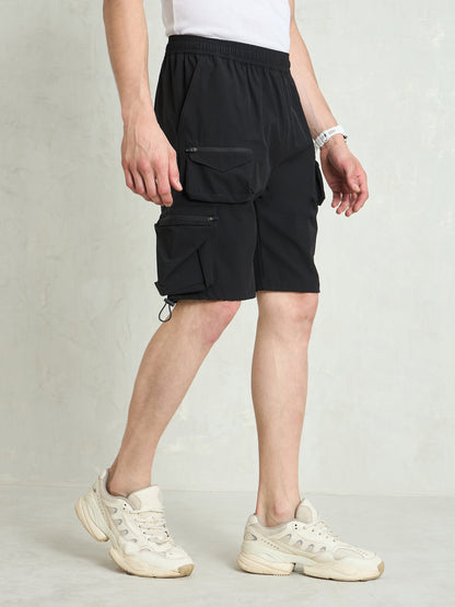 Men Black Utility Pocket Parachute Shorts