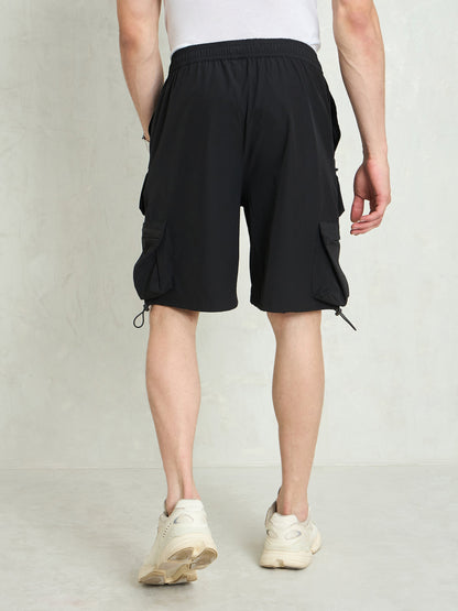 Men Black Utility Pocket Parachute Shorts