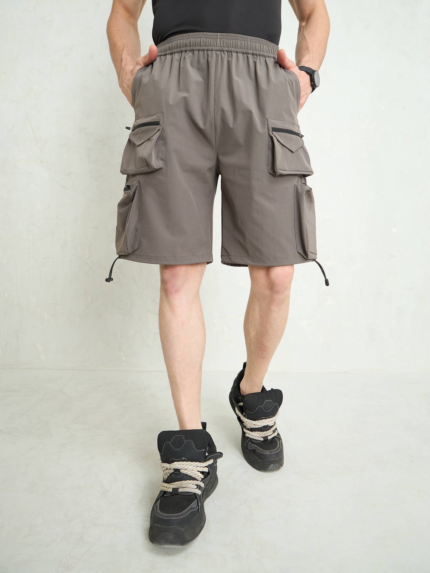 Men Dark Grey Utility Pocket Parachute Shorts