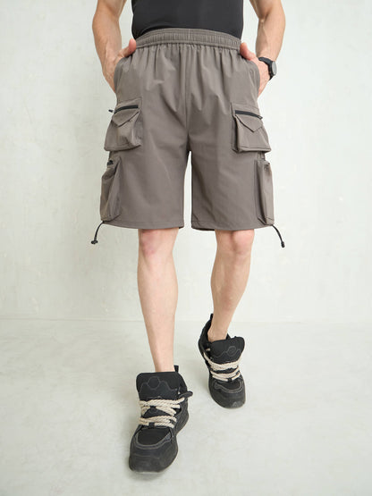 Men Dark Grey Utility Pocket Parachute Shorts