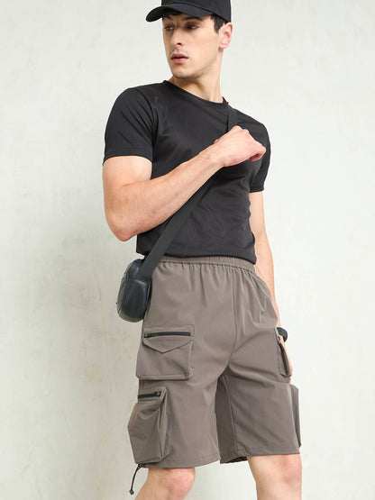 Men Dark Grey Utility Pocket Parachute Shorts