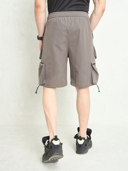 Men Dark Grey Utility Pocket Parachute Shorts