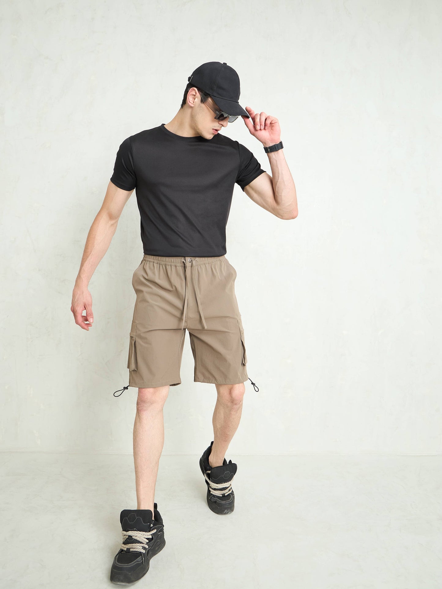 Men Taupe Cargo Pocket Parachute Shorts
