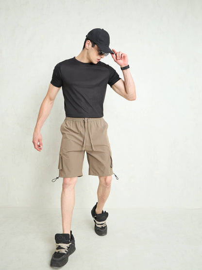 Men Taupe Cargo Pocket Parachute Shorts