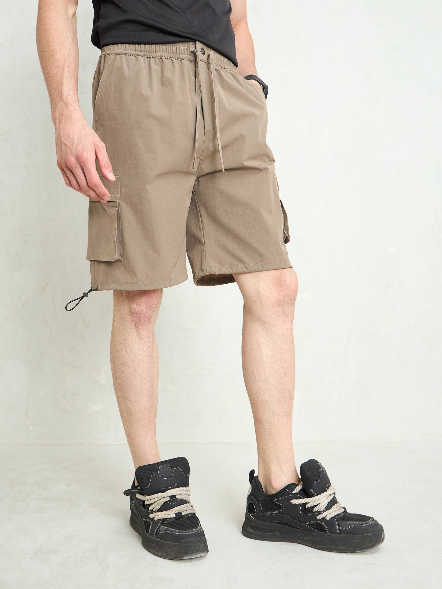 Men Taupe Cargo Pocket Parachute Shorts