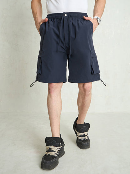 Men Navy Blue Cargo Pocket Parachute Shorts