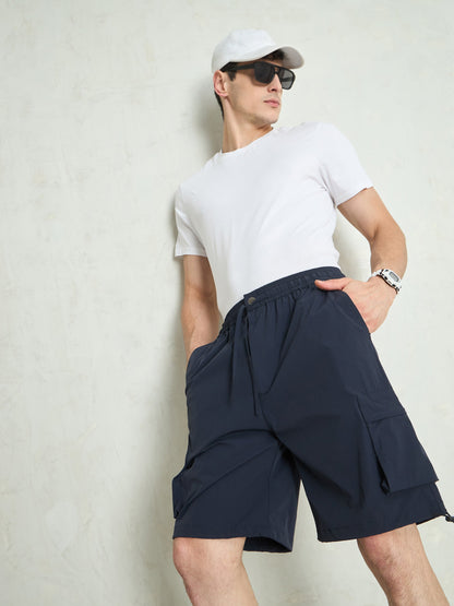 Men Navy Blue Cargo Pocket Parachute Shorts