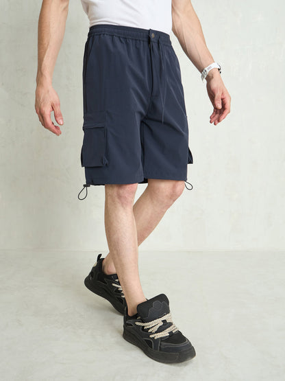 Men Navy Blue Cargo Pocket Parachute Shorts