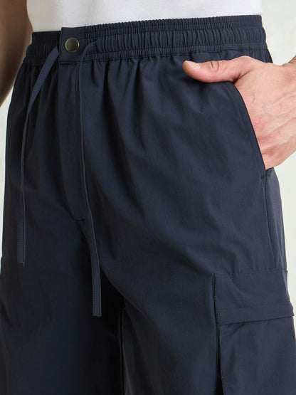 Men Navy Blue Cargo Pocket Parachute Shorts