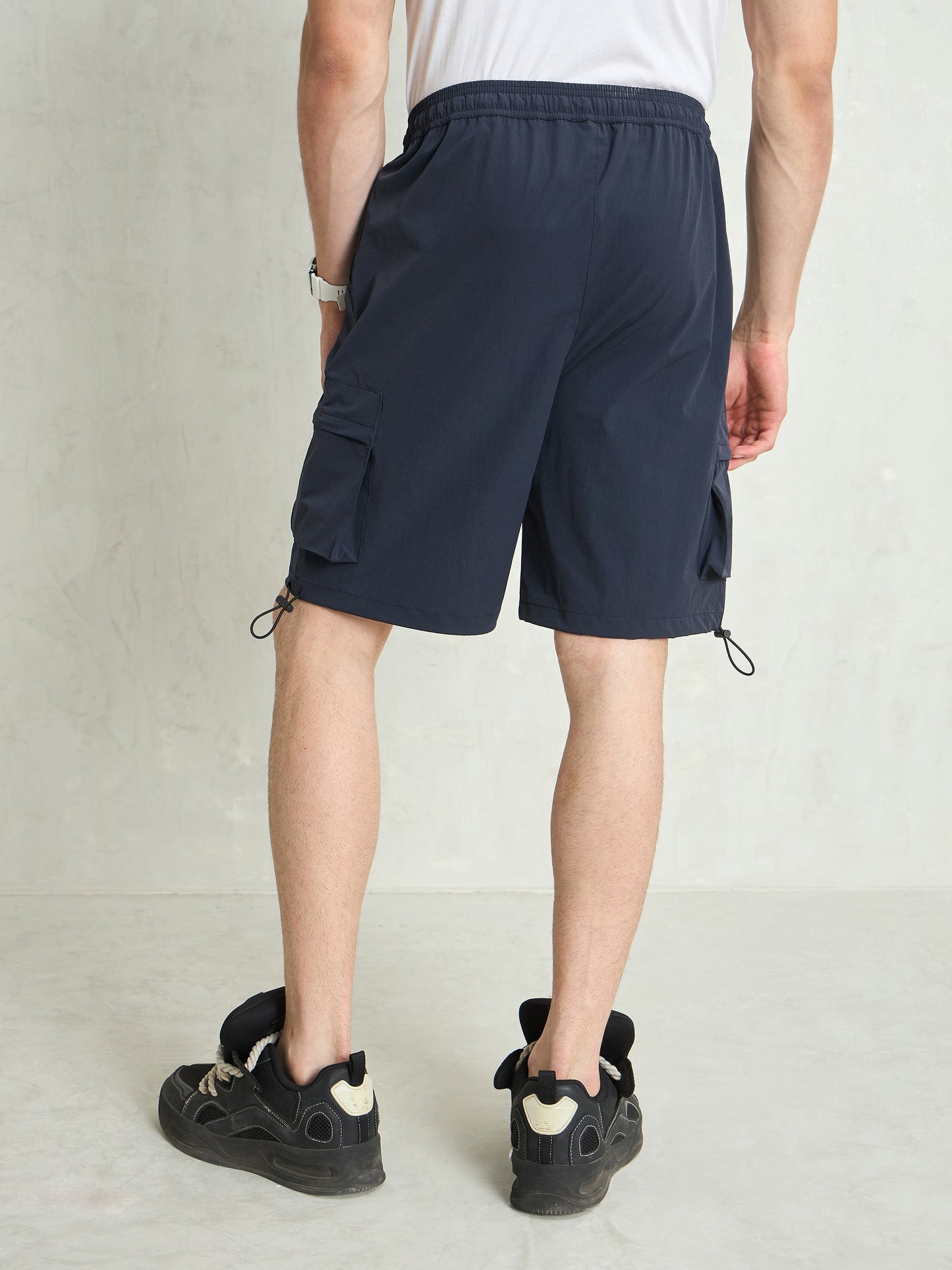 Men Navy Blue Cargo Pocket Parachute Shorts