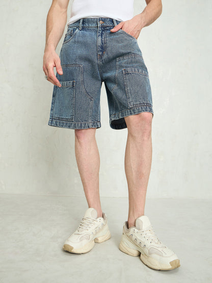 Men Blue Washed Denim Relax Fit Carpenter Shorts