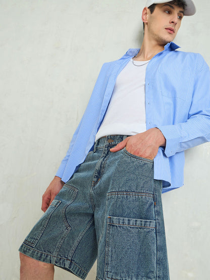 Men Blue Washed Denim Relax Fit Carpenter Shorts