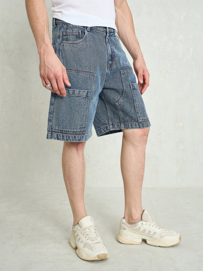 Men Blue Washed Denim Relax Fit Carpenter Shorts