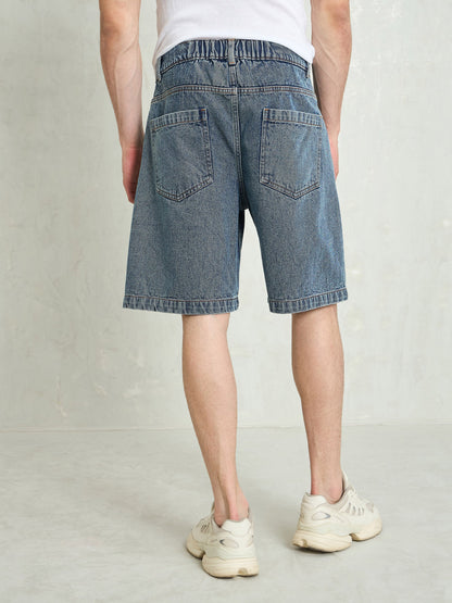 Men Blue Washed Denim Relax Fit Carpenter Shorts