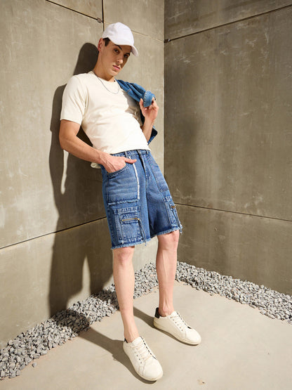 Men Blue Washed Denim Zipper Pocket Shorts