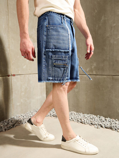 Men Blue Washed Denim Zipper Pocket Shorts