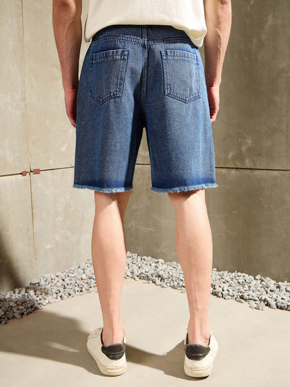 Men Blue Washed Denim Zipper Pocket Shorts