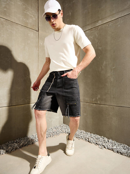 Men Black Washed Denim Zipper Pocket Shorts