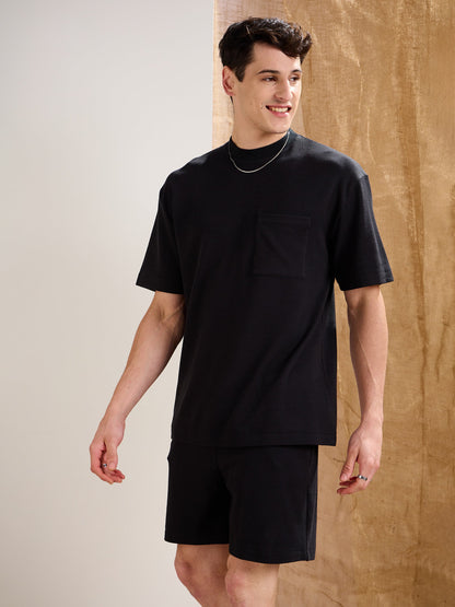 Men Black Waffle Relax Fit Shorts