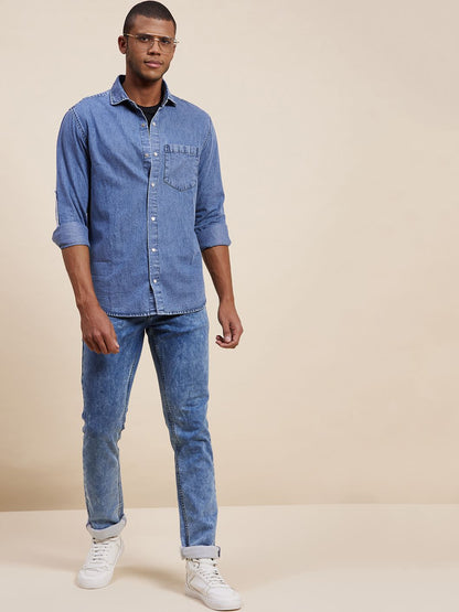 Men'S Navy Tencel Elbow Patch Shirt