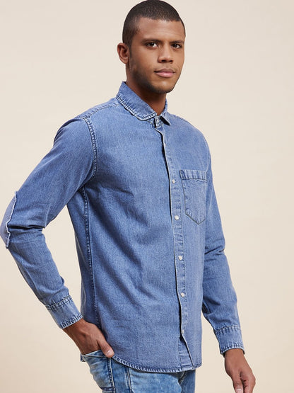 Men'S Navy Tencel Elbow Patch Shirt