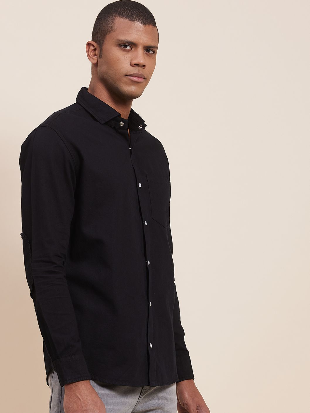 Men'S Black Tencel Elbow Patch Shirt