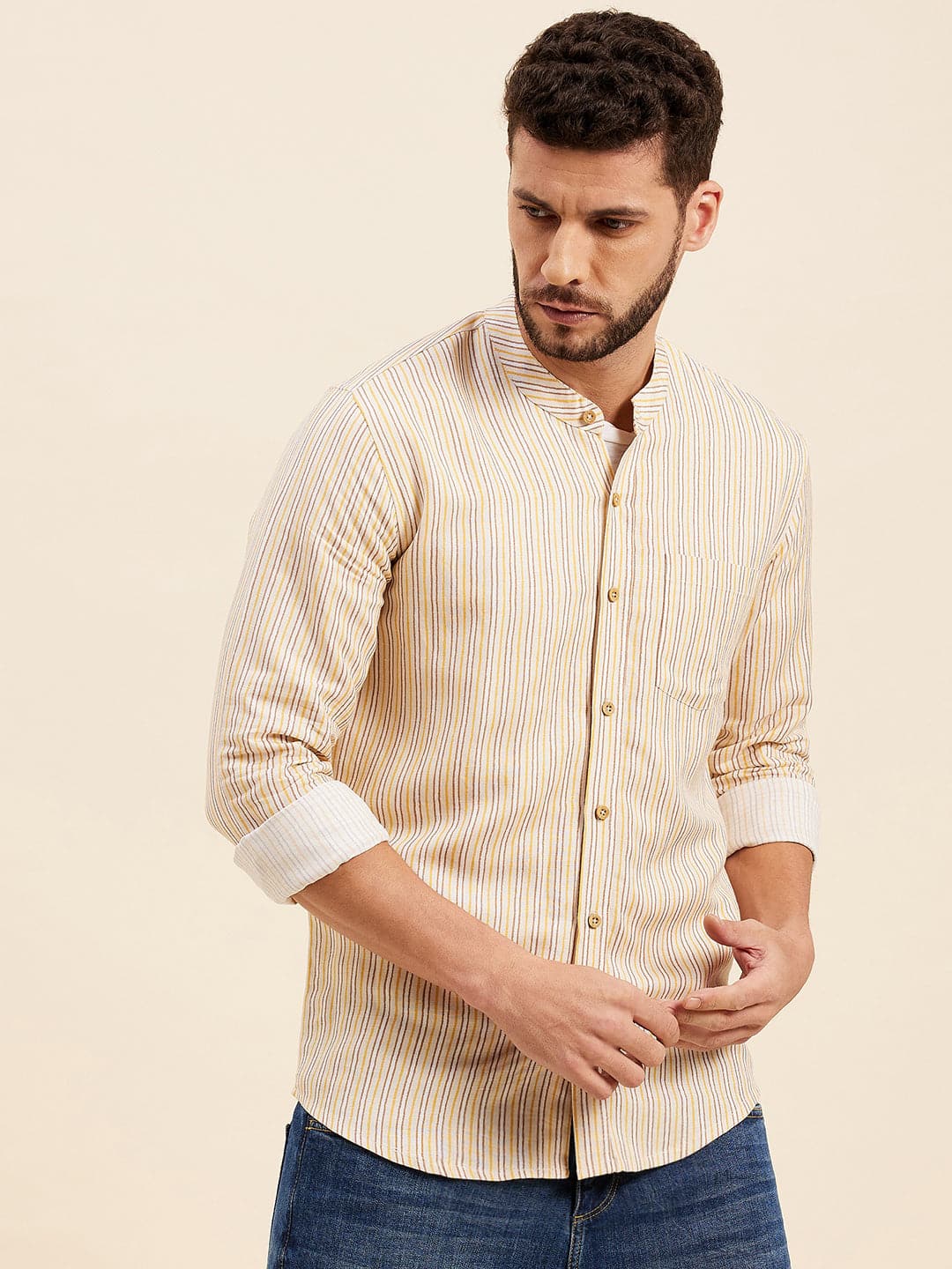 Men Yellow Multi Stripes Mandarin Collar Shirt