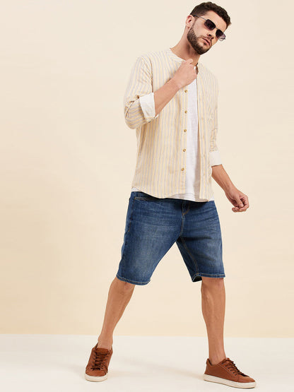 Men Yellow Multi Stripes Mandarin Collar Shirt