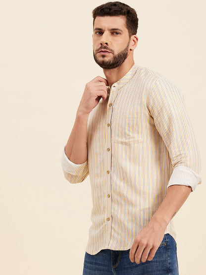 Men Yellow Multi Stripes Mandarin Collar Shirt