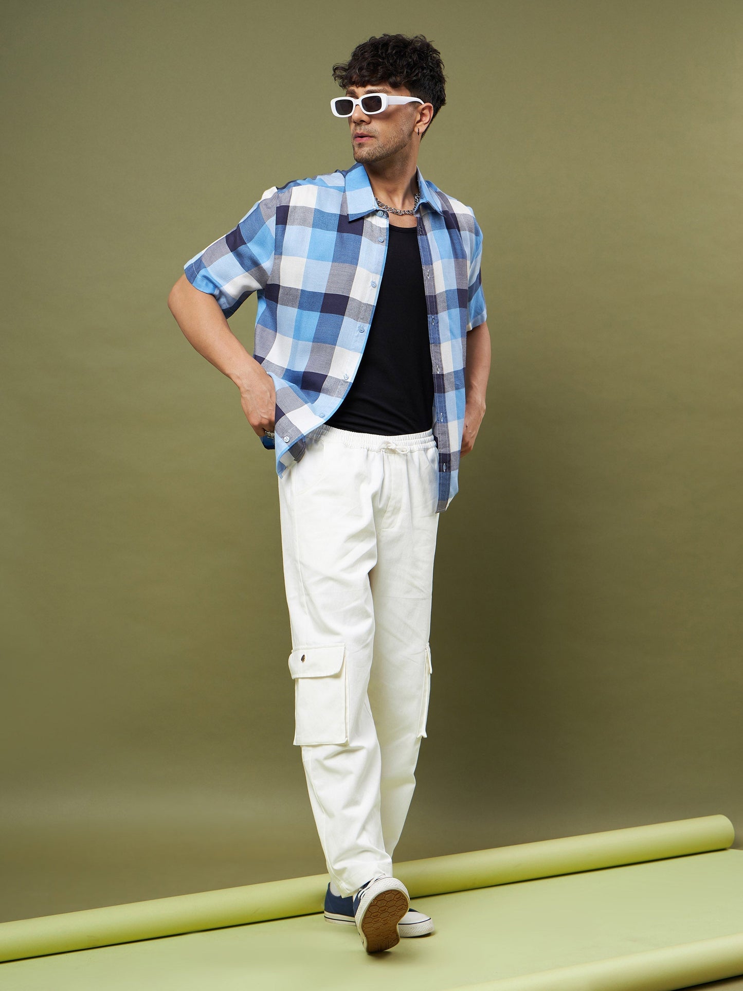 Men Blue & Navy Check Half Sleeve Relax Fit Shirt