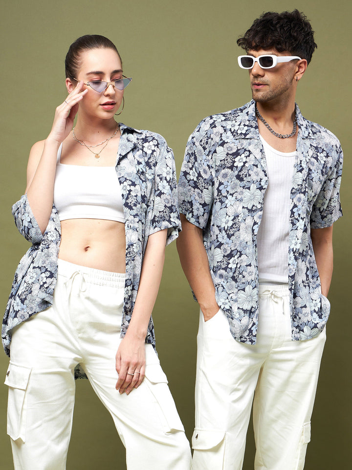 Unisex White &amp; Blue Floral Print Relax Fit Shirt