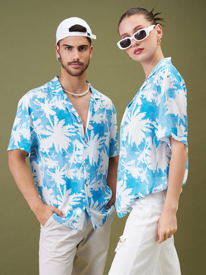 Unisex Blue &amp; White Tropical Floral Relax Fit Shirt