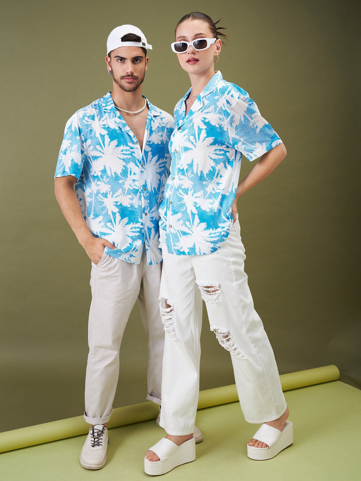 Unisex Blue &amp; White Tropical Floral Relax Fit Shirt