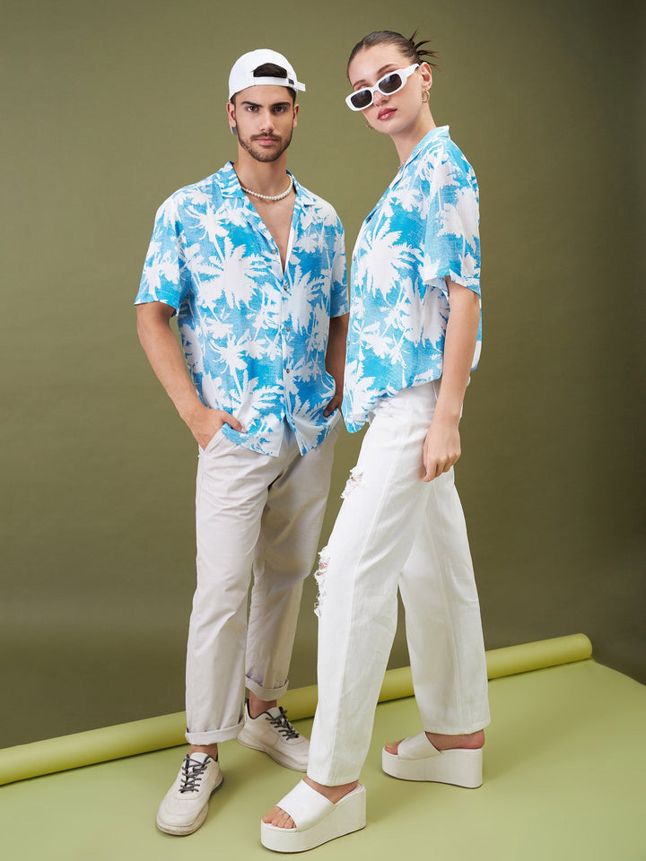 Unisex Blue &amp; White Tropical Floral Relax Fit Shirt