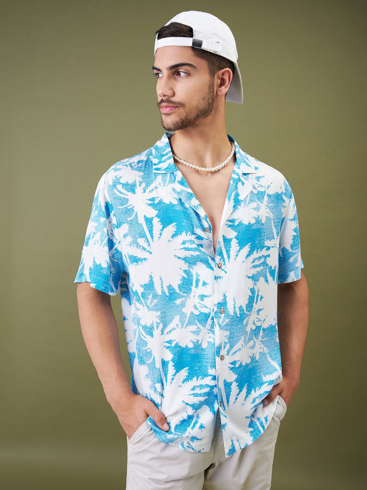 Unisex Blue &amp; White Tropical Floral Relax Fit Shirt