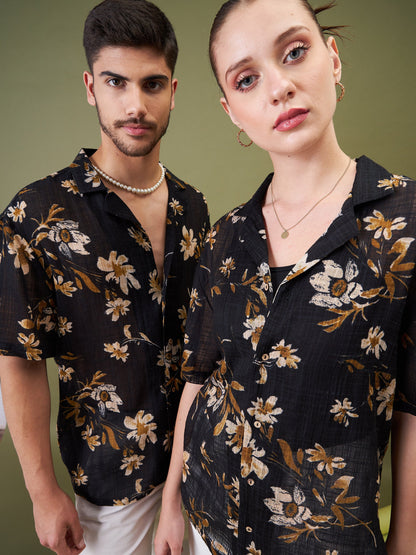 Unisex Black Floral Relax Fit Shirt