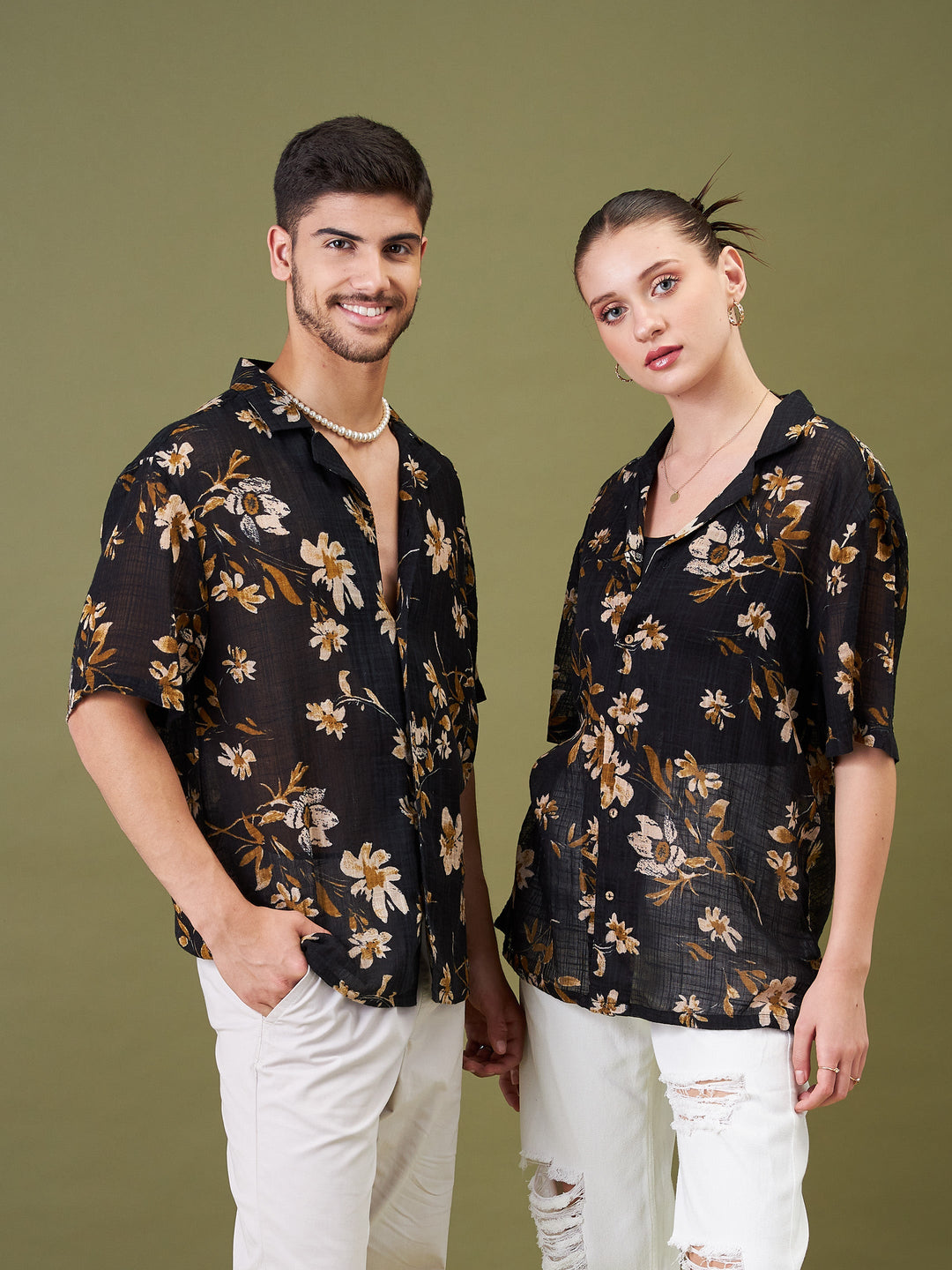Unisex Black Floral Relax Fit Shirt