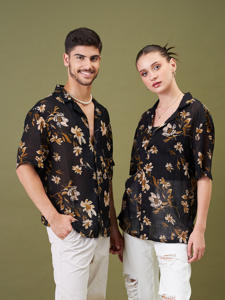 Unisex Black Floral Relax Fit Shirt
