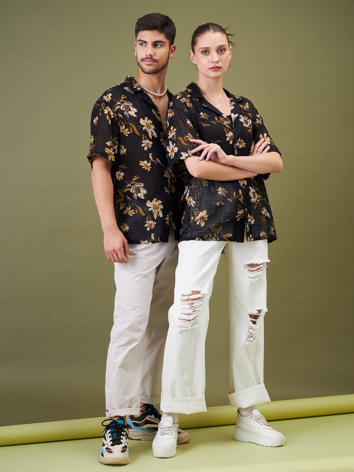 Unisex Black Floral Relax Fit Shirt
