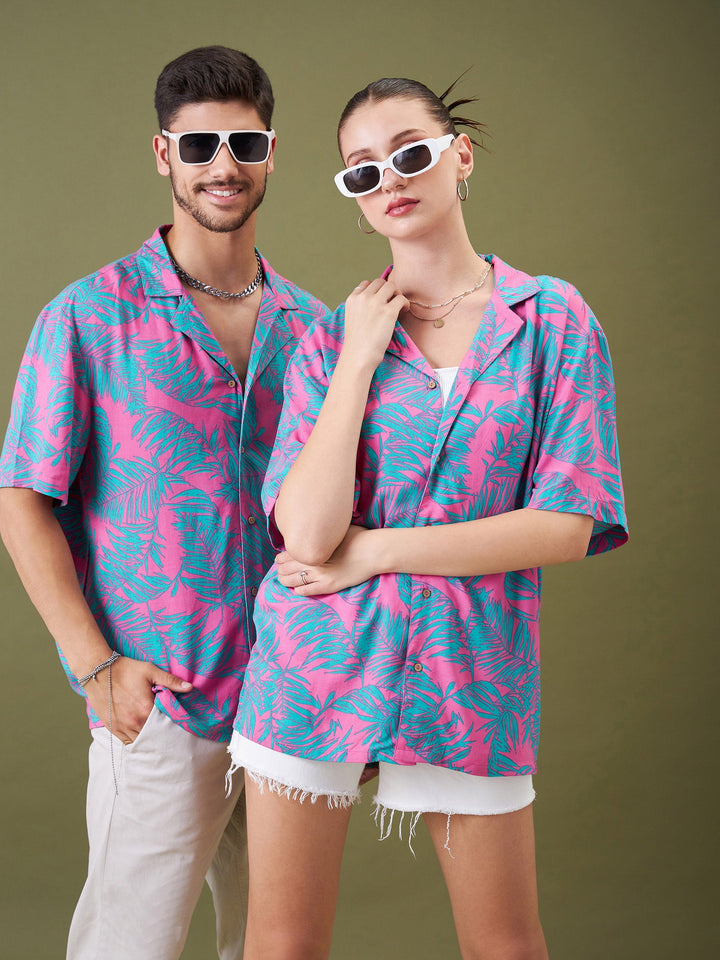 Unisex Fuchsia &amp; Green Tropical Floral Relax Fit Shirt