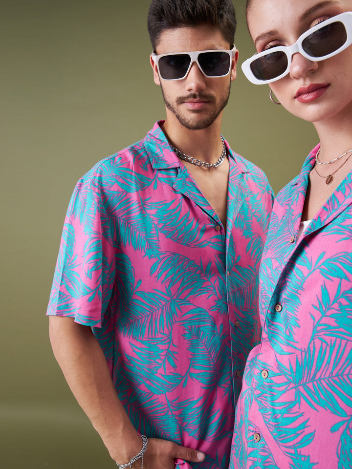 Unisex Fuchsia &amp; Green Tropical Floral Relax Fit Shirt