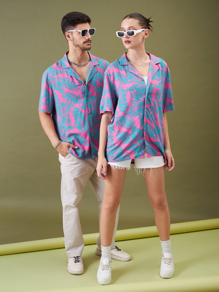 Unisex Fuchsia &amp; Green Tropical Floral Relax Fit Shirt
