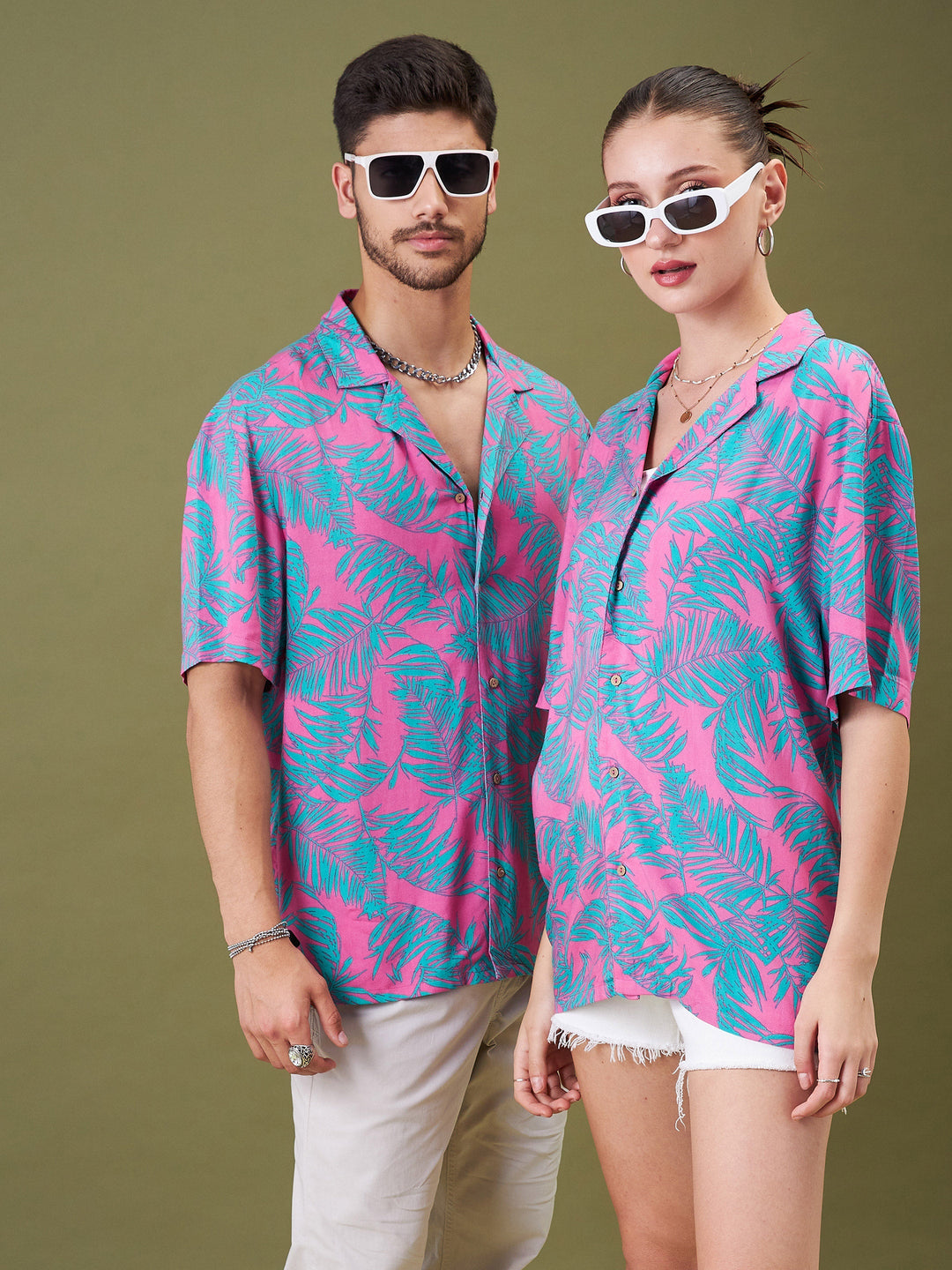Unisex Fuchsia &amp; Green Tropical Floral Relax Fit Shirt