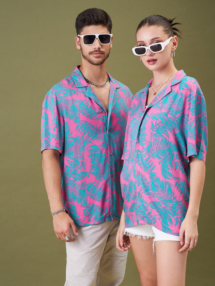 Unisex Fuchsia &amp; Green Tropical Floral Relax Fit Shirt