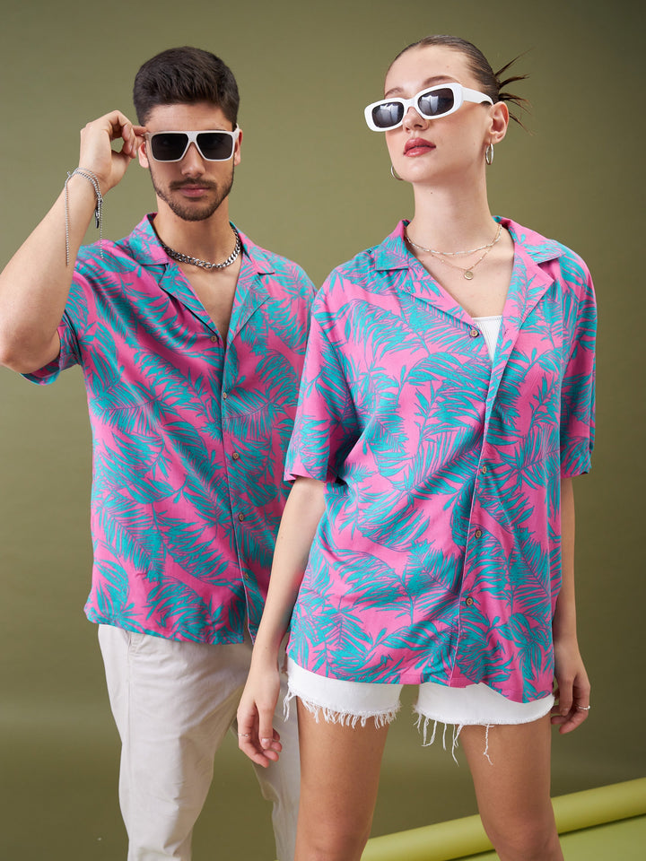 Unisex Fuchsia &amp; Green Tropical Floral Relax Fit Shirt