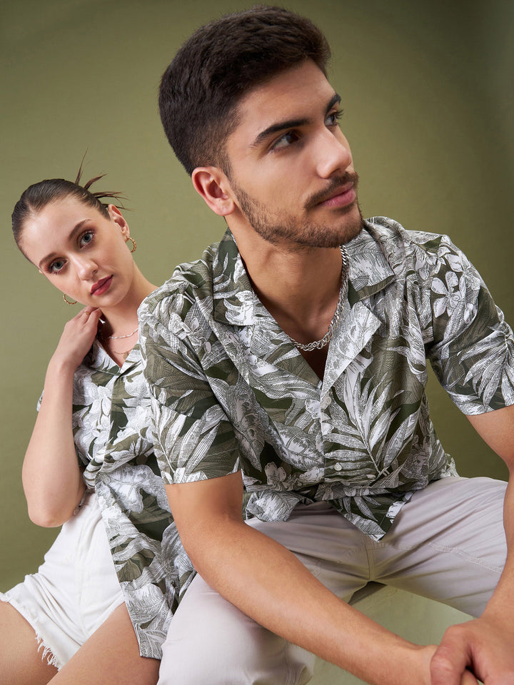 Unisex Olive &amp; Whie Tropical Floral Relax Fit Shirt
