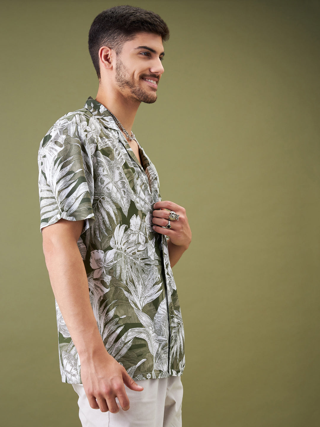 Unisex Olive &amp; Whie Tropical Floral Relax Fit Shirt