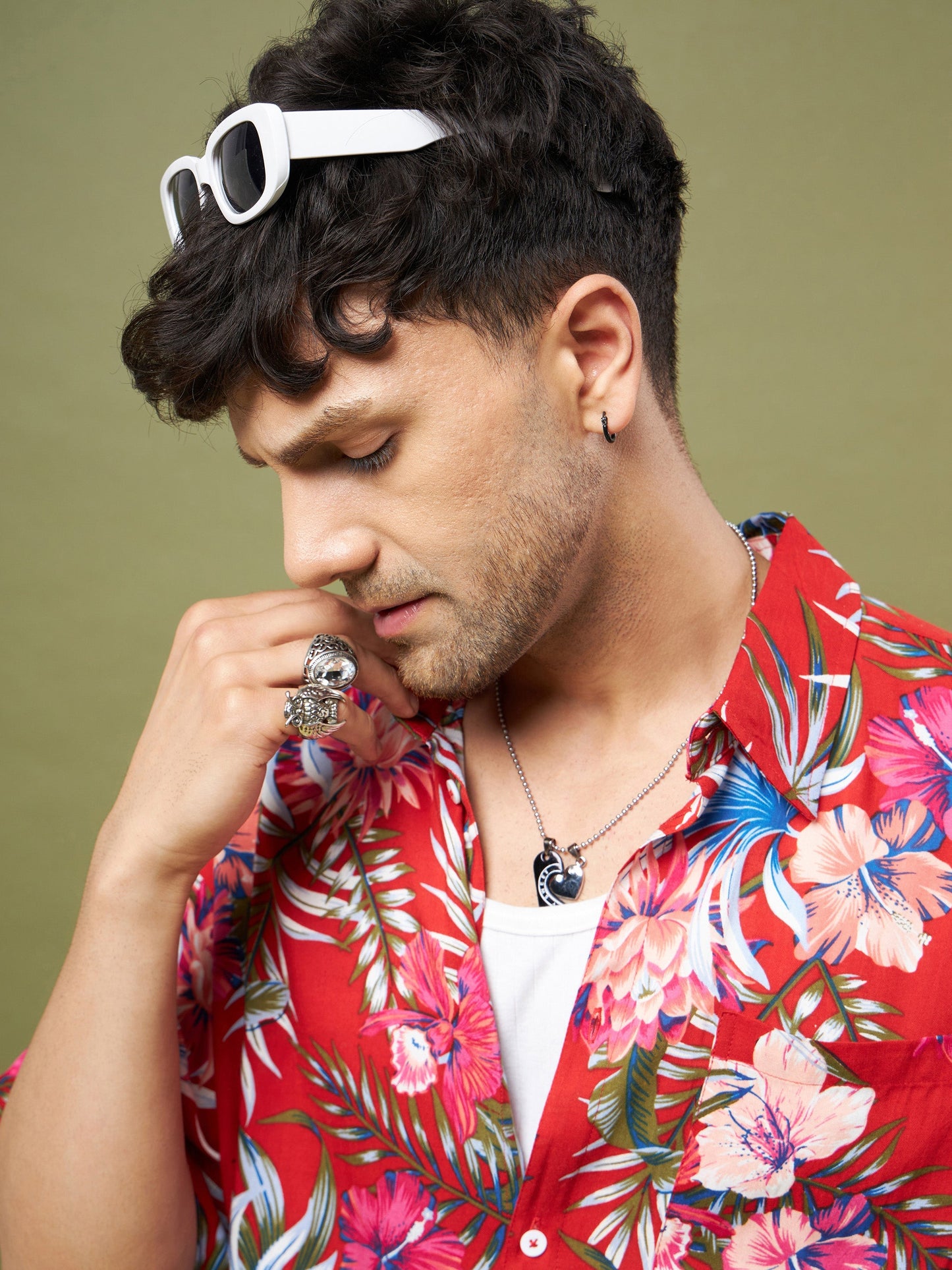 Men Red Tropical Floral Oversized Shirt